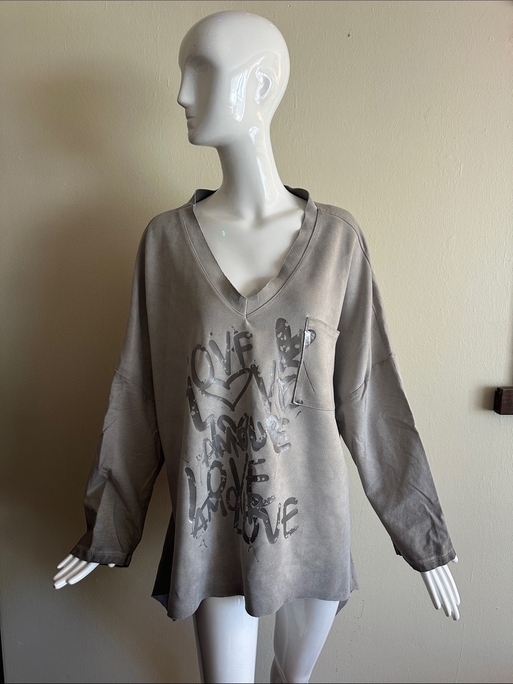 Grey V-Neck Graphic Women’s Top